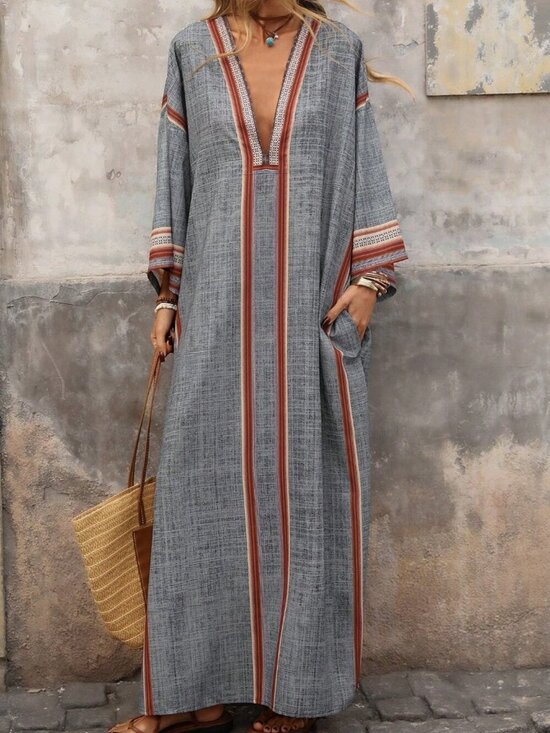 Dresses & Skirts - Blue Modest Women's Loose Maxi Slit Digital Print Dress